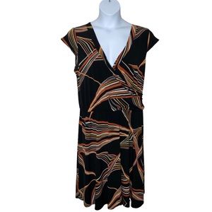 Ashley Stewart 14 16 Dress Black Brown Orange Faux Wrap Surplice Cap Sleeve FLAW